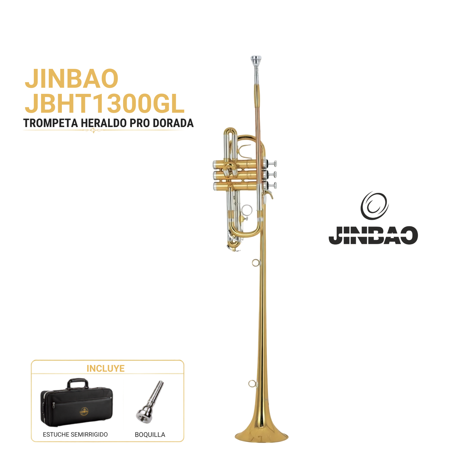 Trompeta Heraldo Pro Jinbao JBHT1300GL — Bb Dorada con Estuche Semirrígido