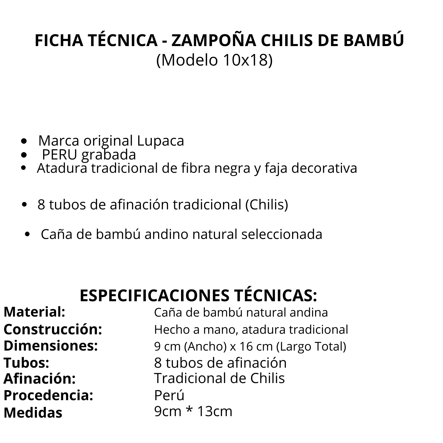 Zampoña Chilis de Bambú LUPACA Modelo 10x18