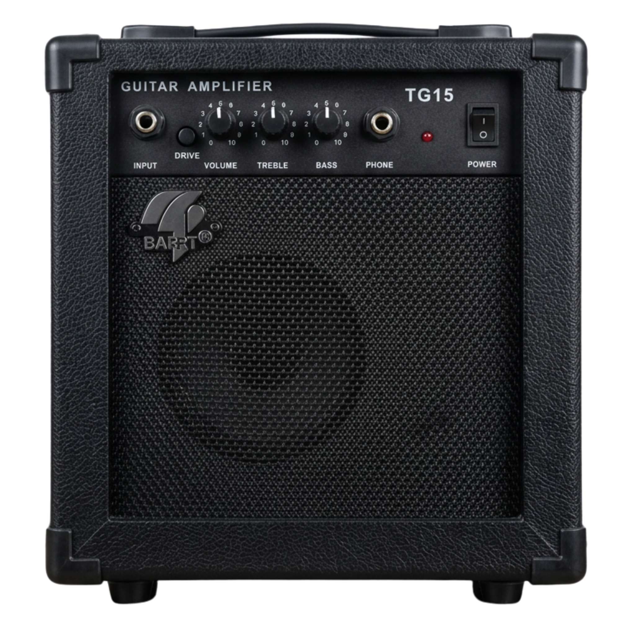 Amplificador BARRT TG15 vista frontal - controles Drive, Volumen, Treble y Bass