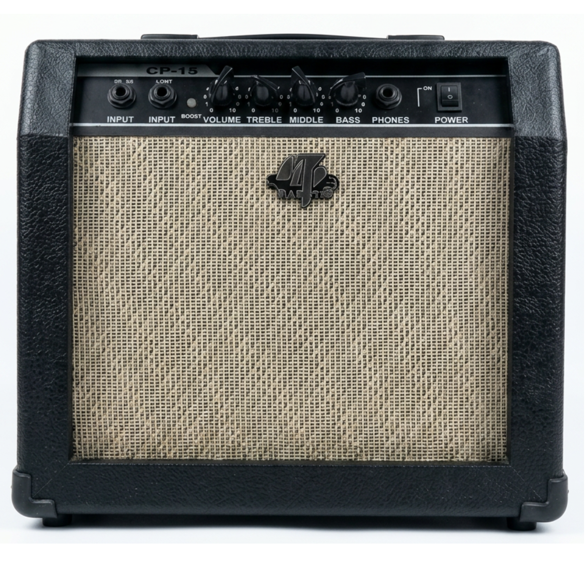 Amplificador BARRT CP-15 vista frontal - controles Boost, Volumen, Treble, Middle, Bass y Phones