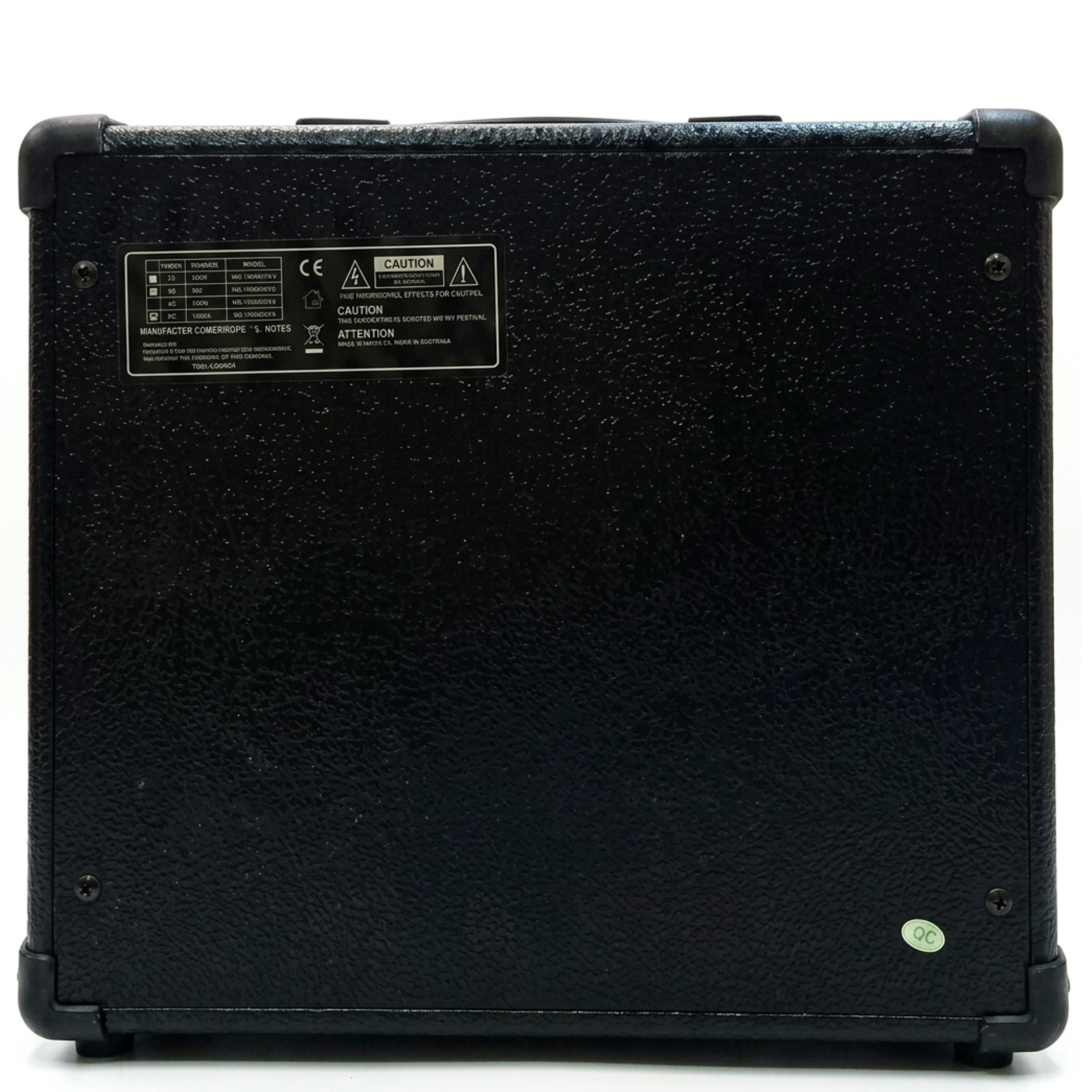 Amplificador BARRT CP-15 vista posterior - etiqueta técnica y certificaciones