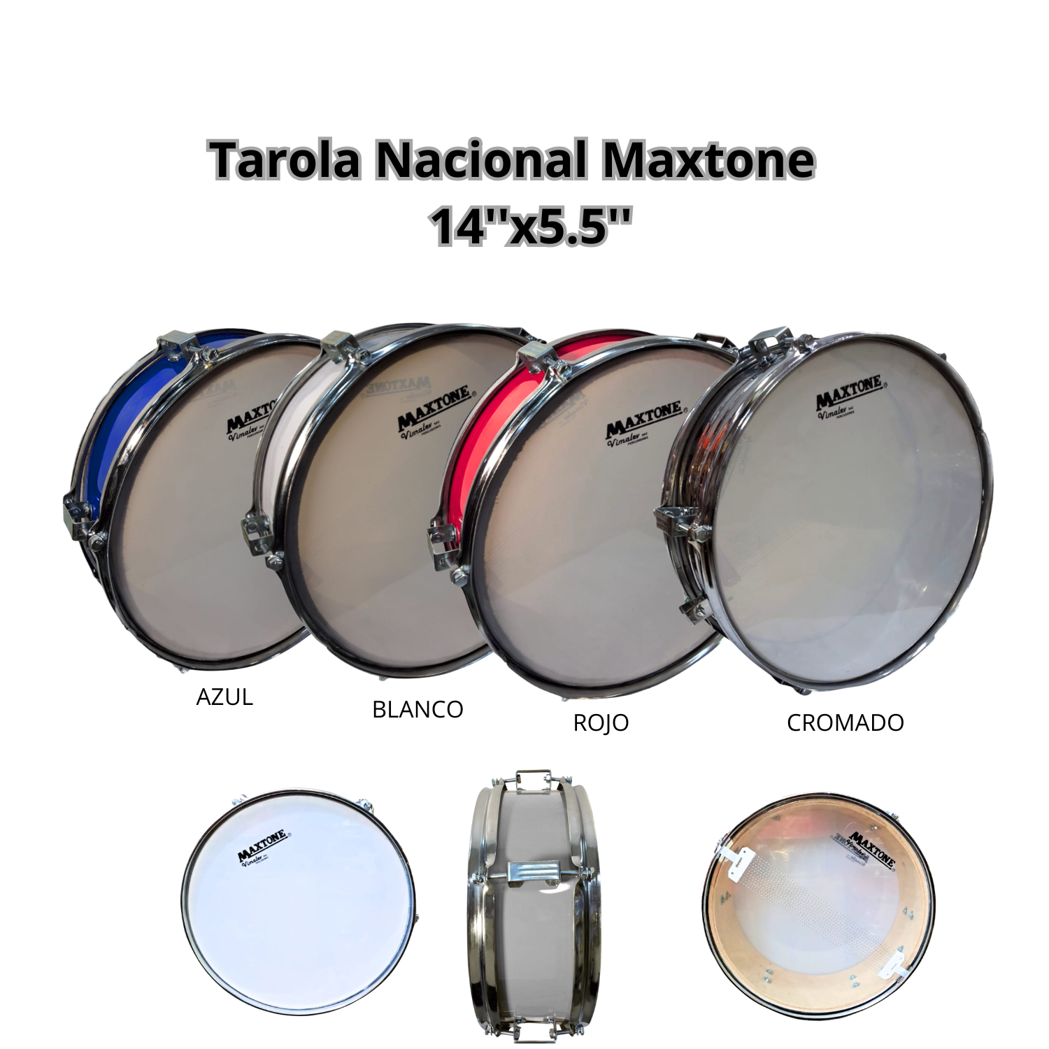 Tarola Nacional Maxtone — 14"x5.5" (Azul, Blanco, Rojo, Cromado)