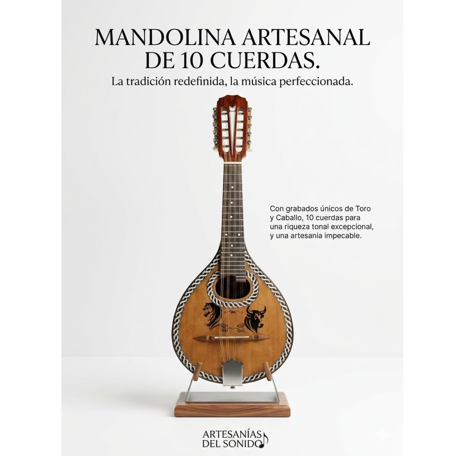 Mandolina artesanal de 10 cuerdas - vista frontal con grabado