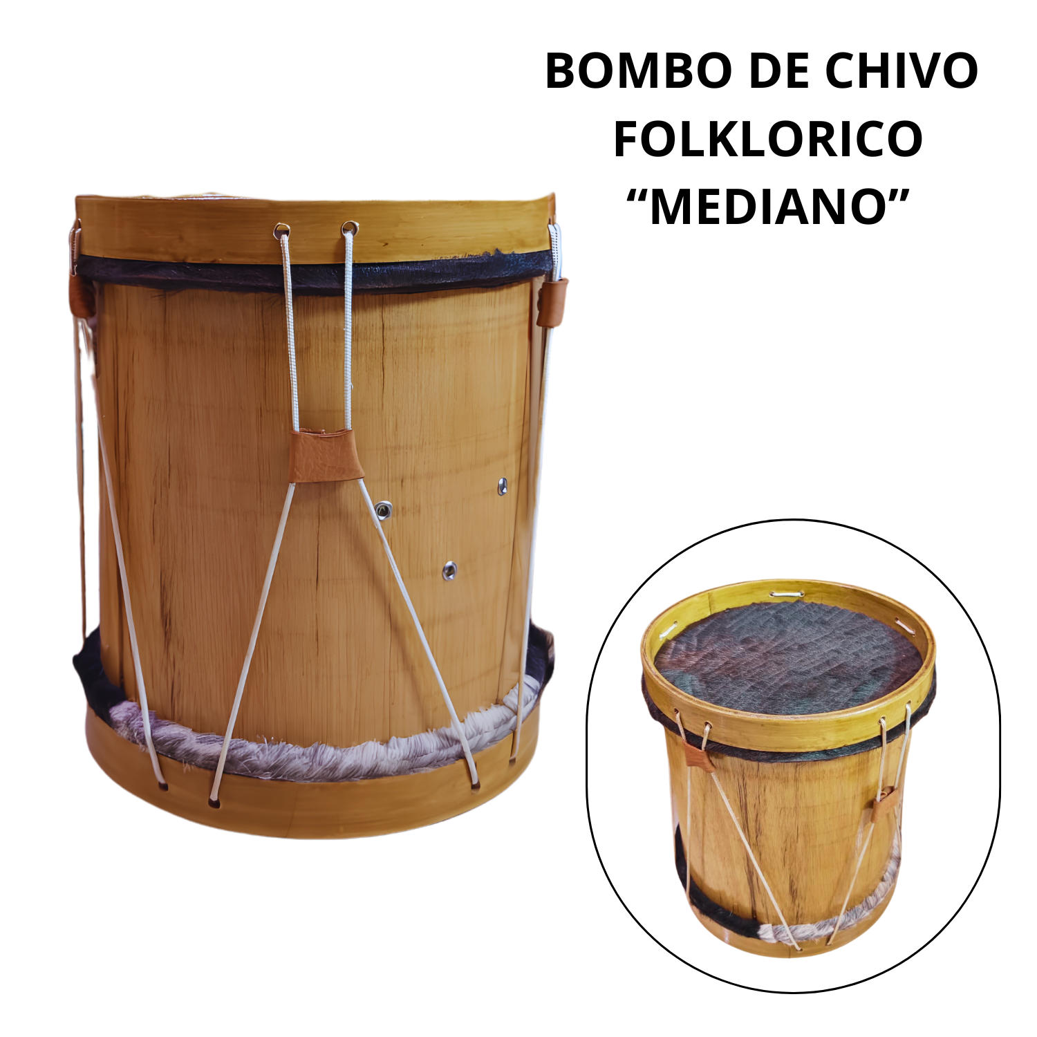 Bombo de chivo folklórico mediano vista frontal y superior