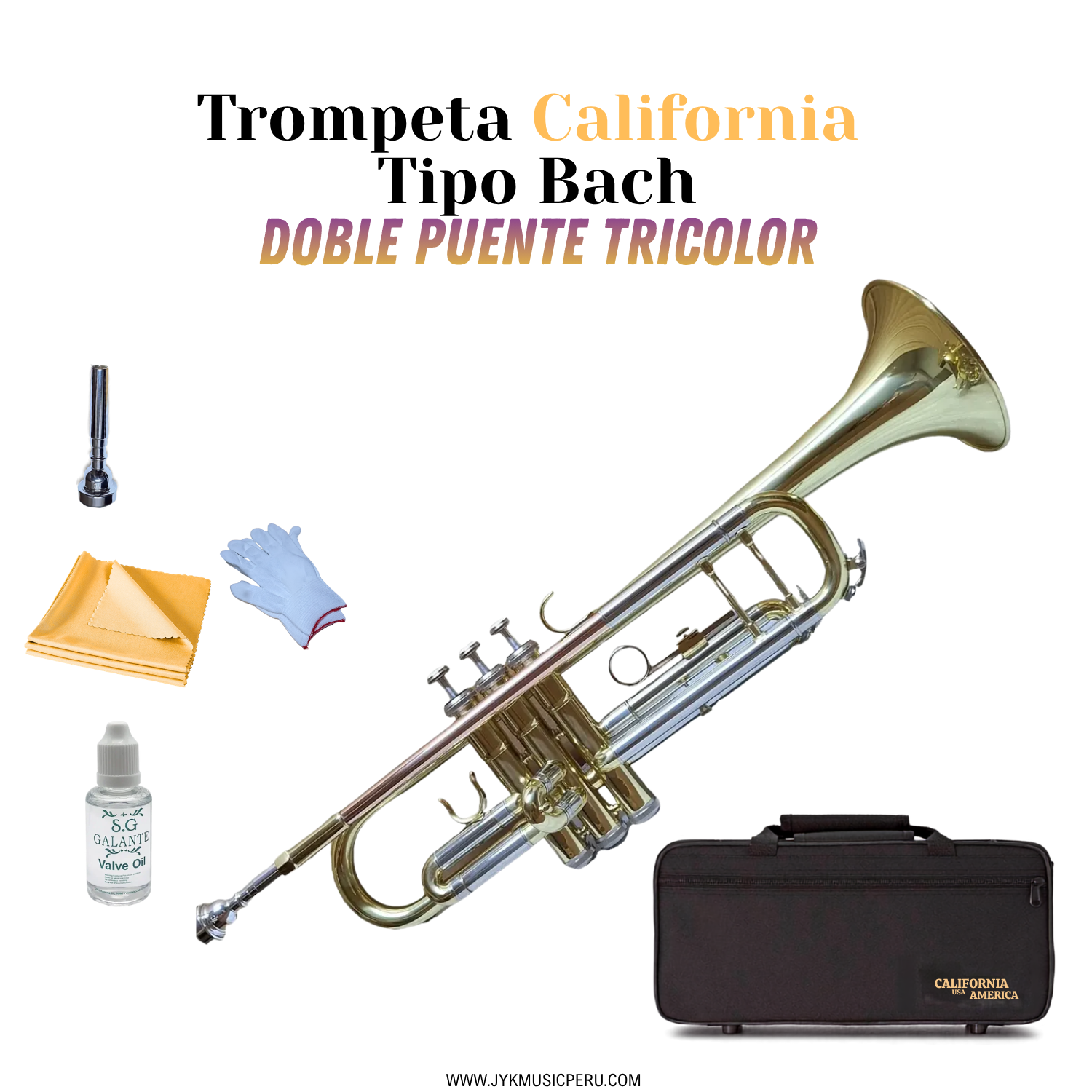 Trompeta California CTR022-2 — Dorada Tricolor Doble Puente con Estuche