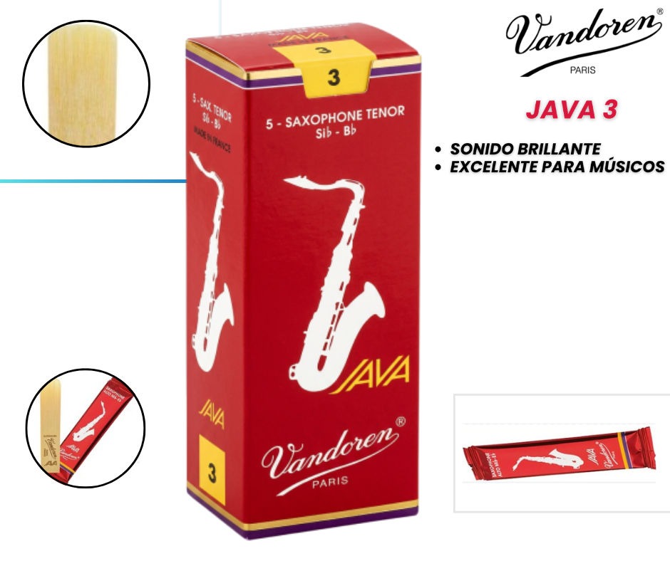 Cañas Vandoren JAVA Red Saxofón Tenor Sib 3 - Caja x5