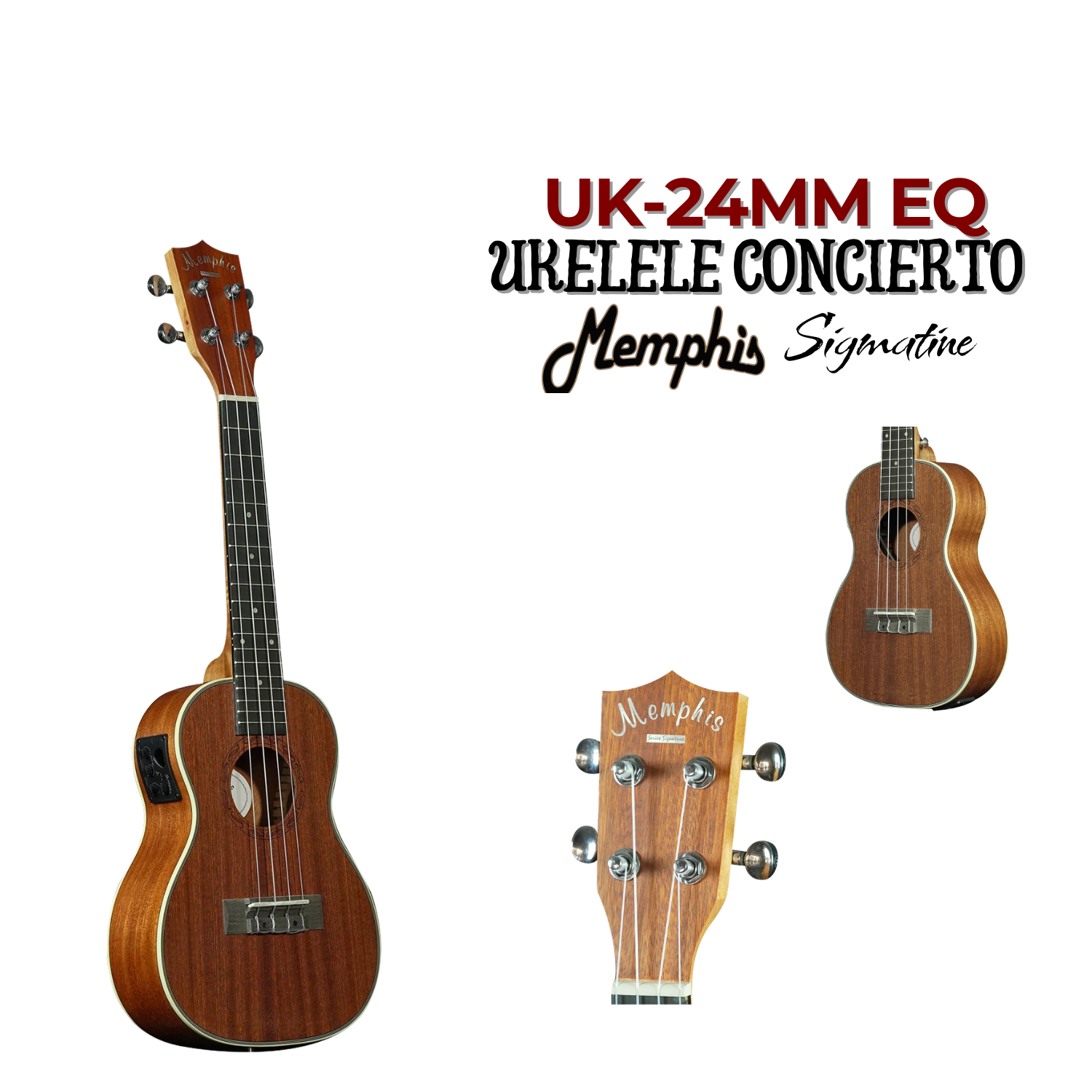 Ukelele Concierto Electroacústico Memphis Sigmatine UK-24MM EQ – vista frontal, trasera y clavijeros