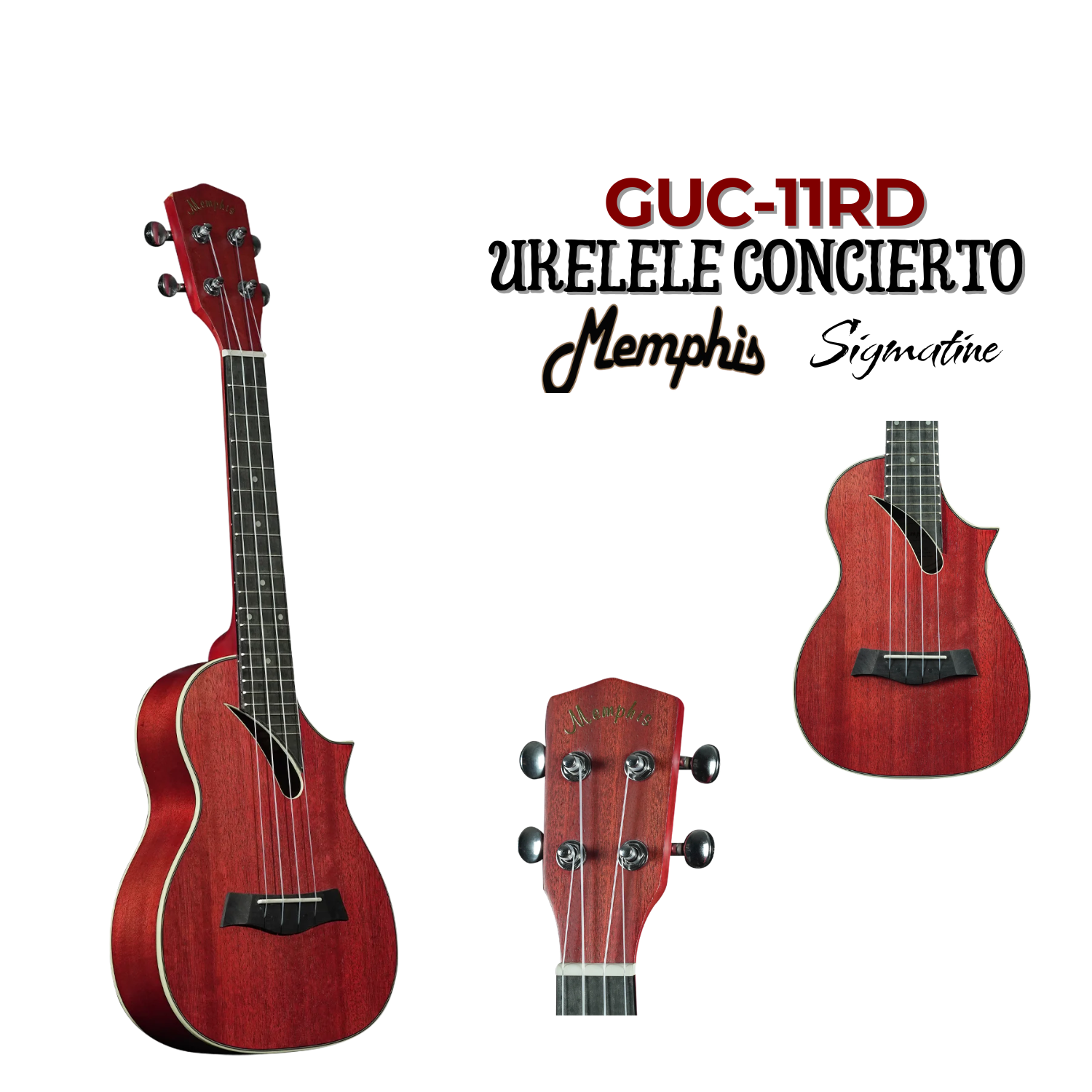 Ukelele Concierto Memphis Sigmatine GUC-11RD color rojo – vista frontal, trasera y clavijeros