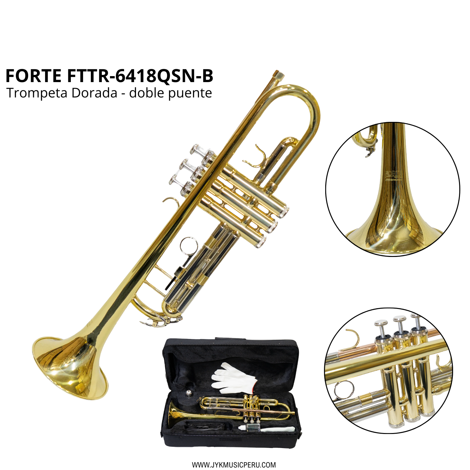 Trompeta Forte FTTR-6418QSN-B Dorada — Doble Puente con Estuche