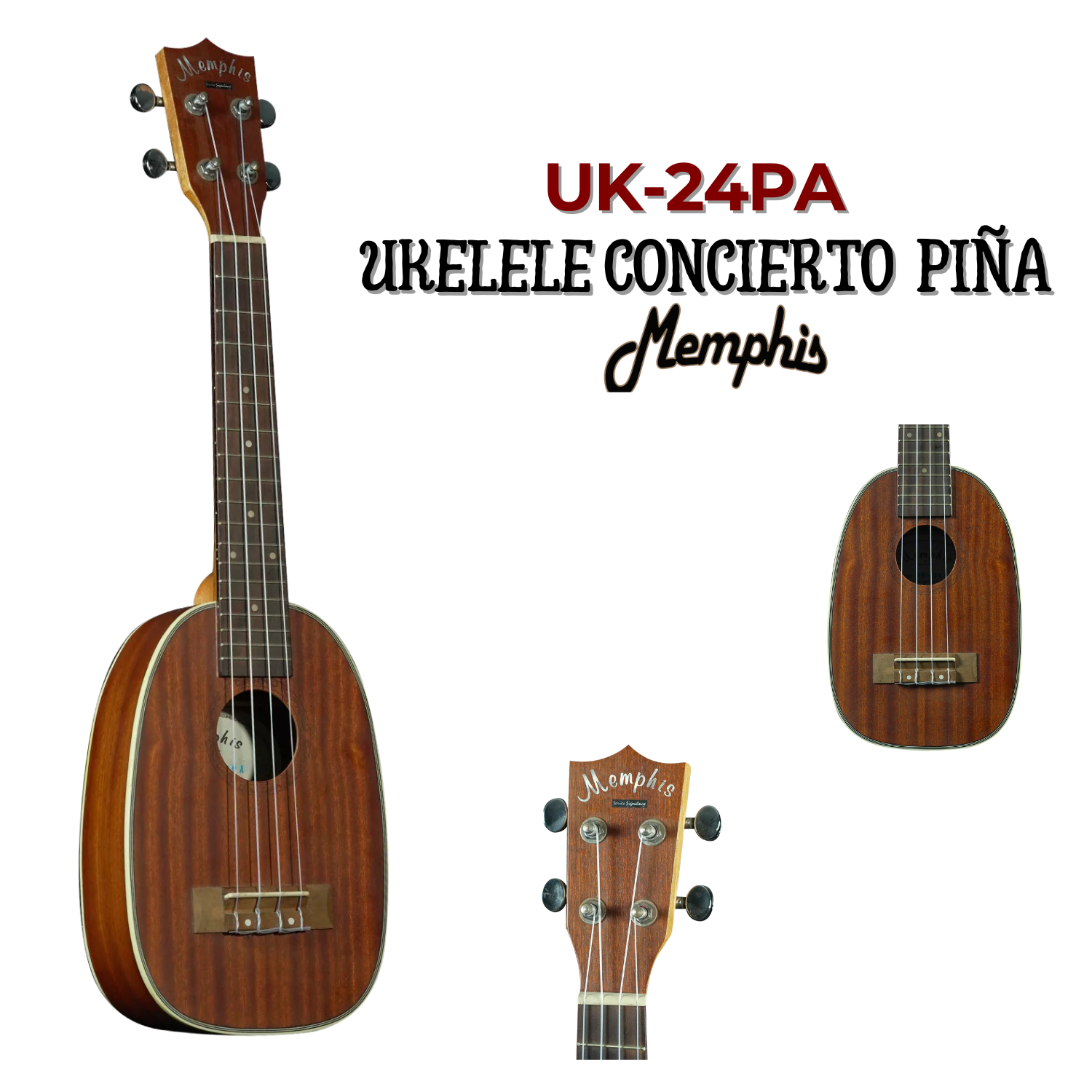 Ukelele Concierto Piña Memphis UK-24PA – vista frontal, trasera y clavijeros