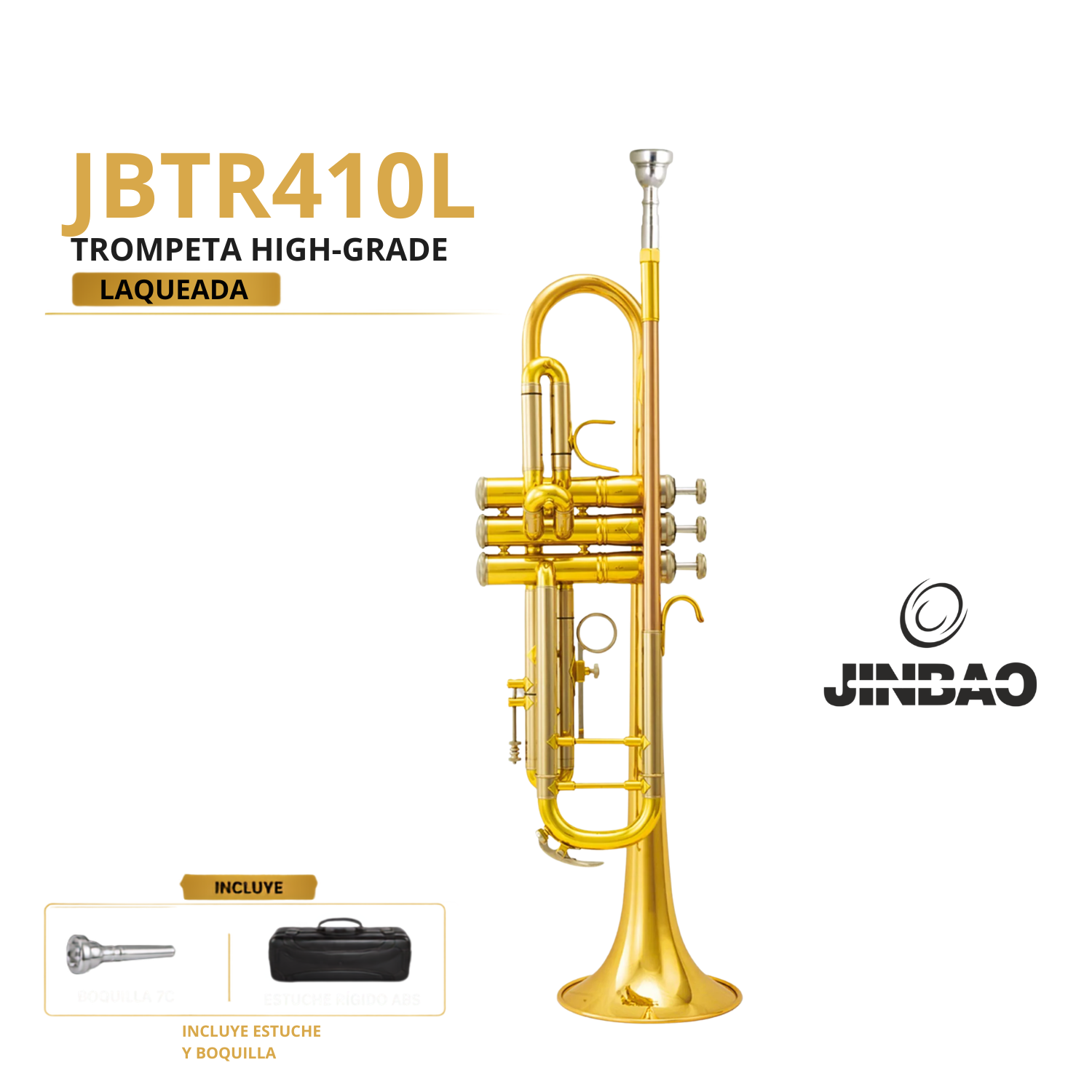 Trompeta Jinbao JBTR410L High-Grade — Bb Laqueada Dorada con Estuche ABS