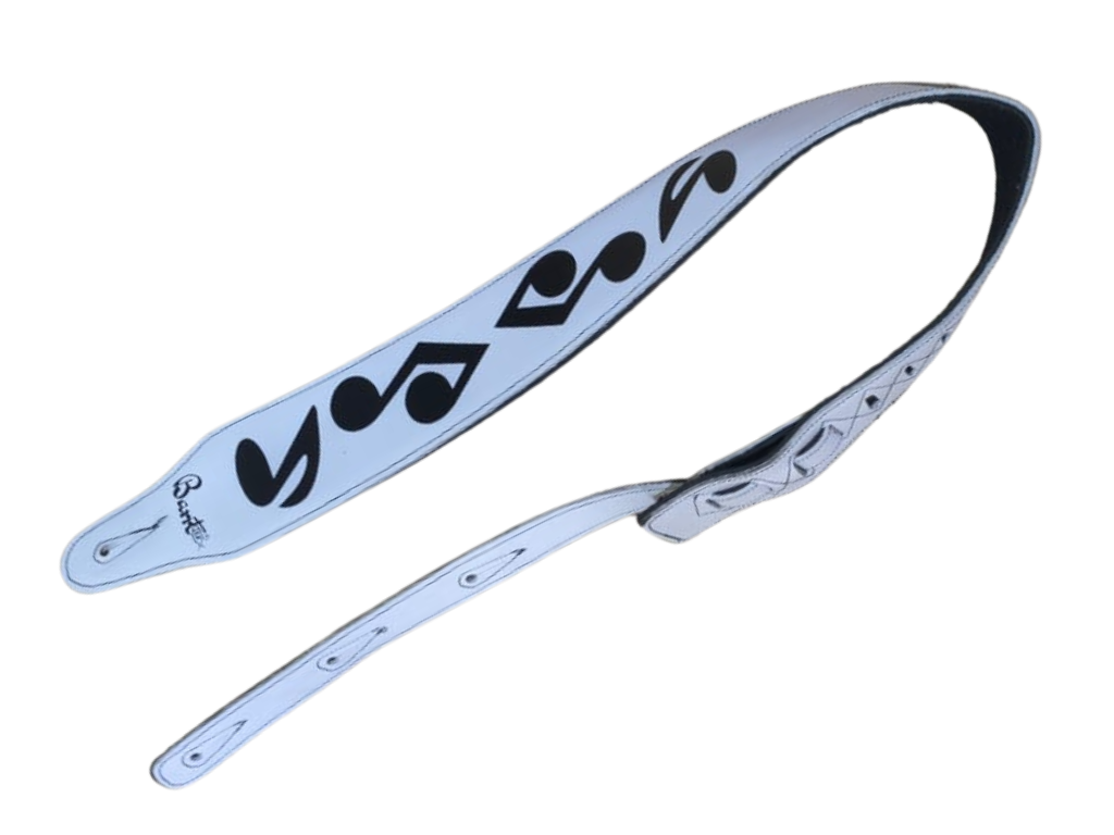 Correa de Cuero Genuino Barrt Premium Blanca Notas - Guitarra Eléctrica Acústica y Bajo