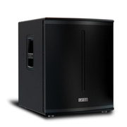 Subwoofer activo negro FBT X-SUB 118SA de 18 pulgadas, vista frontal y lateral