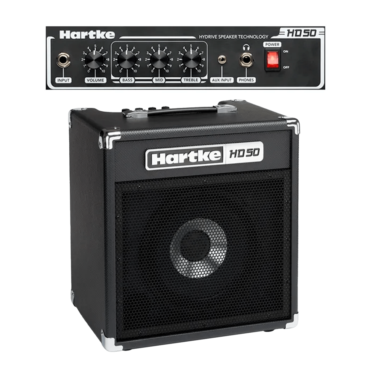 Amplificador para bajo Hartke HD50 y detalle del panel de controles