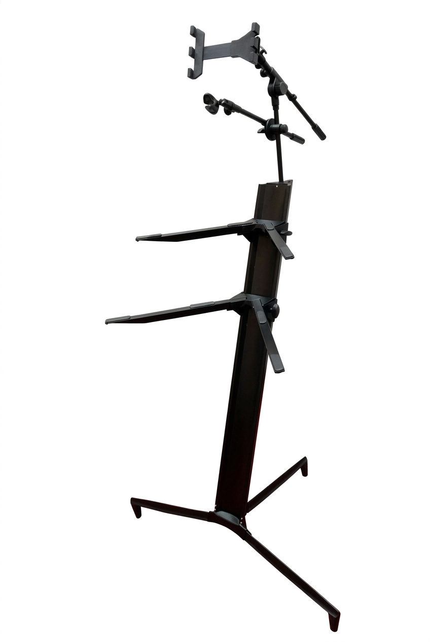 Vista lateral del pedestal negro de dos niveles con soportes de micrófono y tablet
