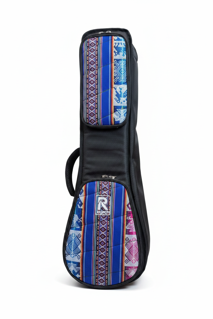 Funda para charango con diseño textil andino en azul y multicolor sobre fondo blanco