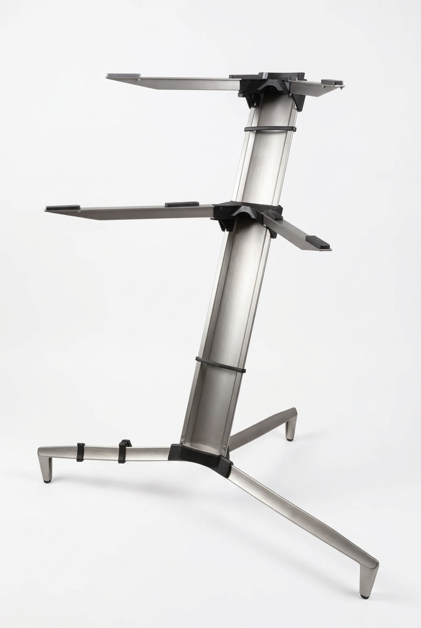 Pedestal Barrt para dos teclados plomo plata con anclajes de brazos negros