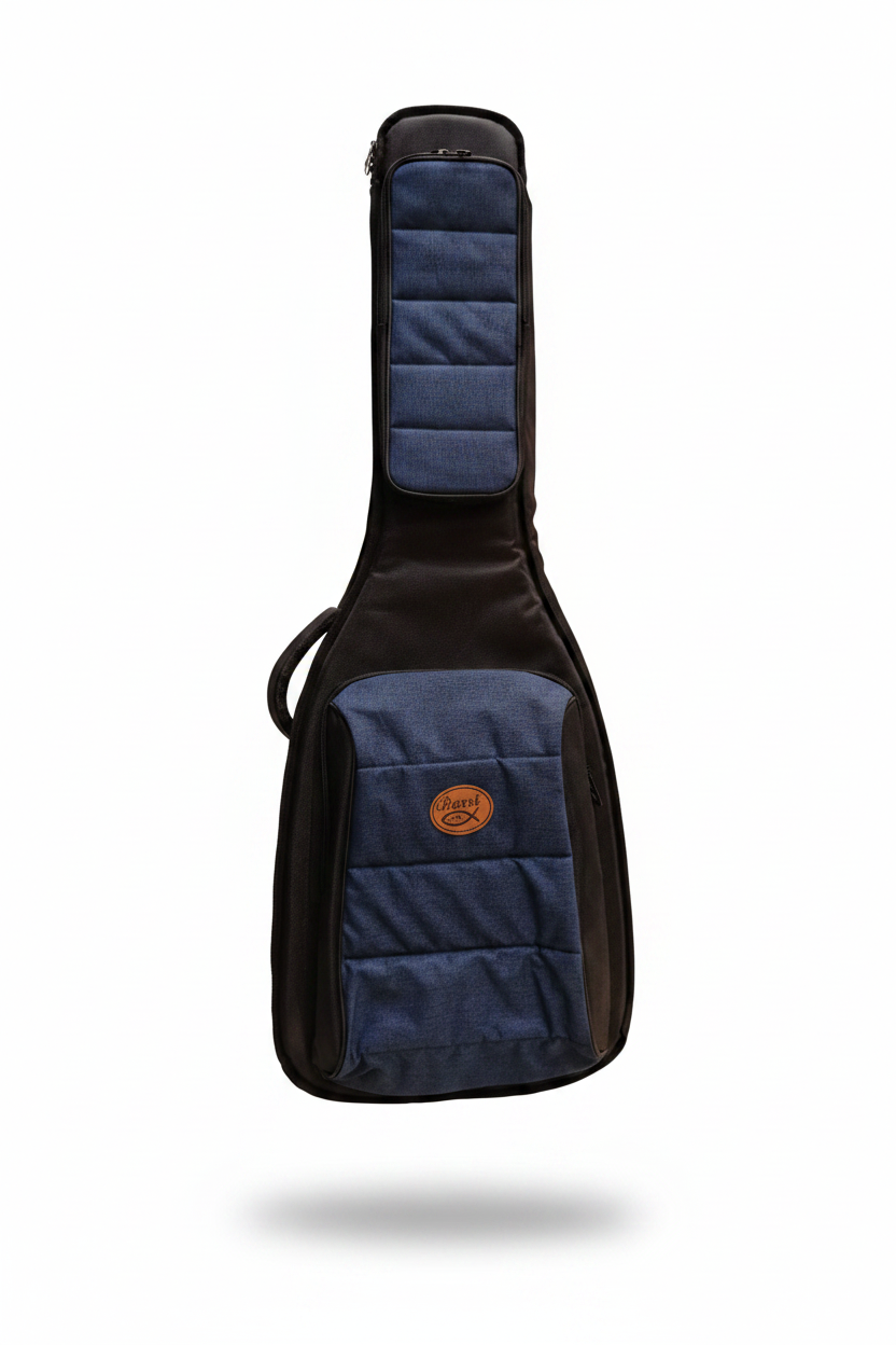 Estuche de lona Barrt para guitarra Godin en azul marino con efecto flotante fondo blanco