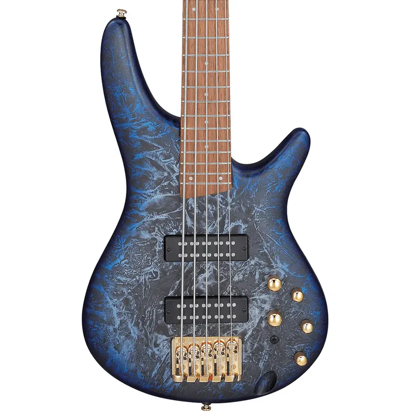 Ibanez SR305EDX-CZM detalle del cuerpo en azul texturizado con pastillas y herrajes dorados