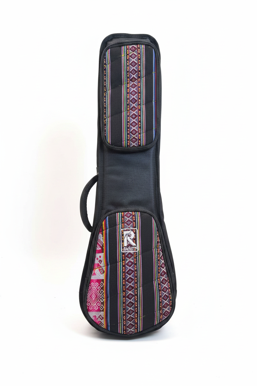 Funda para charango con diseño textil andino en negro, rosa y multicolor sobre fondo blanco