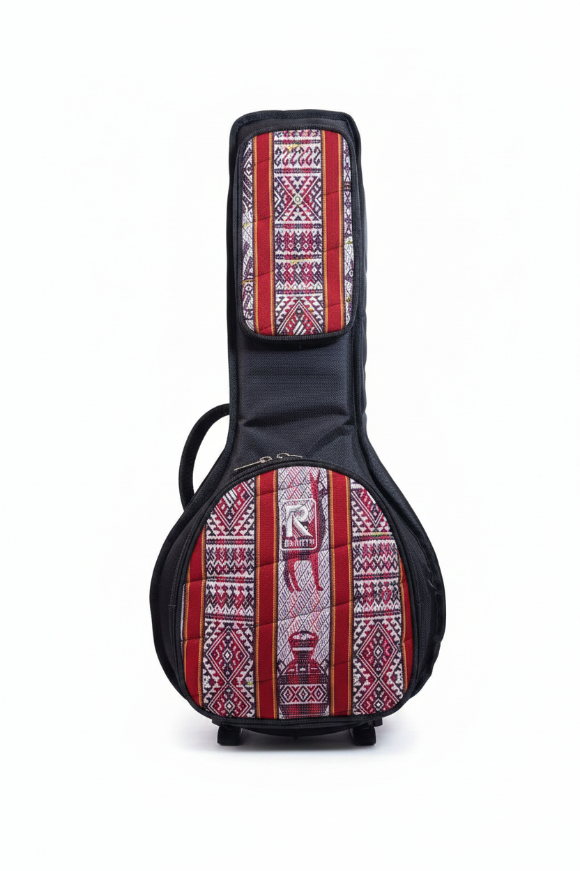 Funda de lona para mandolina Barrt con diseño andino rojo sobre fondo blanco