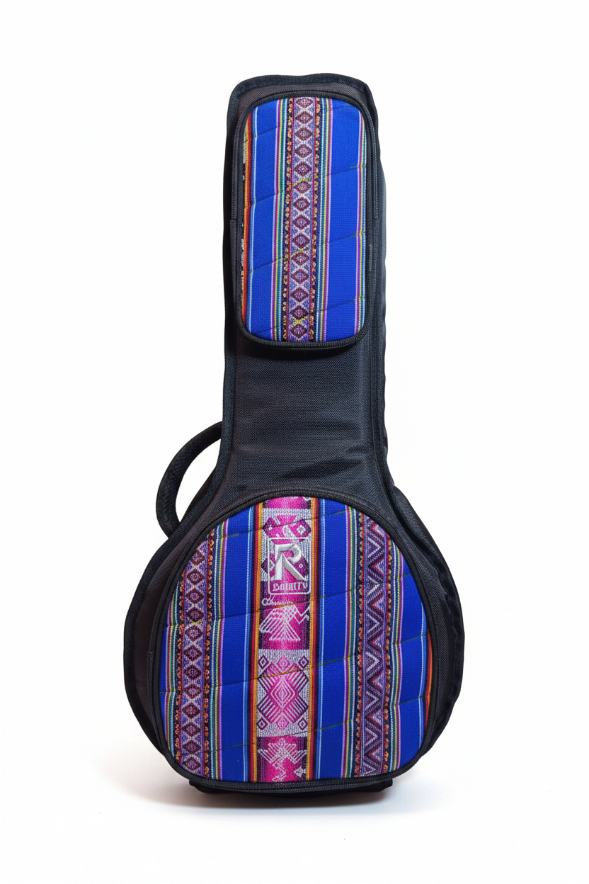 Funda de lona para mandolina Barrt con diseño andino multicolor sobre fondo blanco
