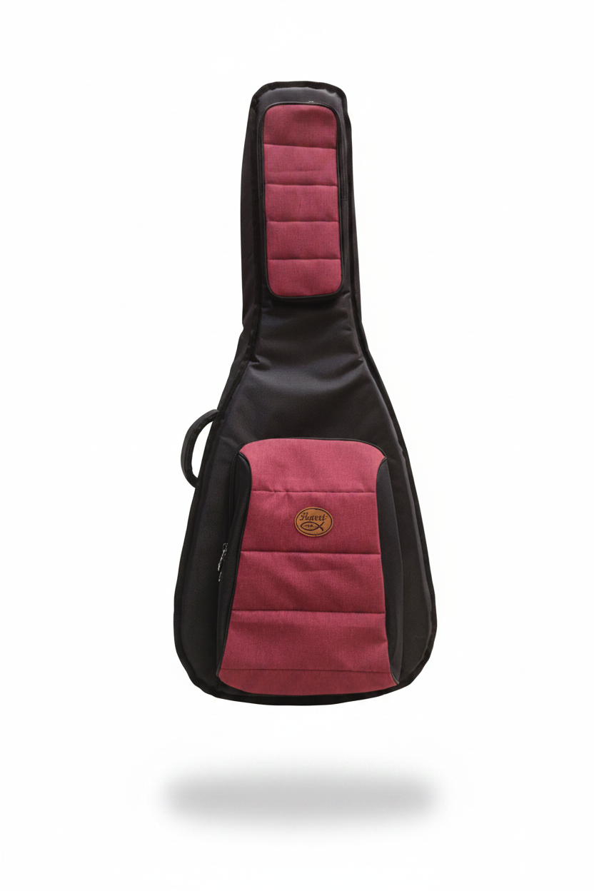 Estuche de lona vino y negro para guitarra acústica jumbo Barrt - fondo blanco efecto flotante