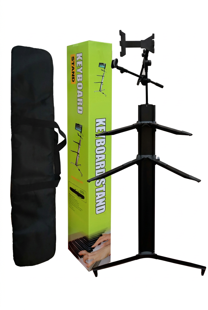 Pedestal para dos teclados con soporte de micrófono, tablet y funda de transporte